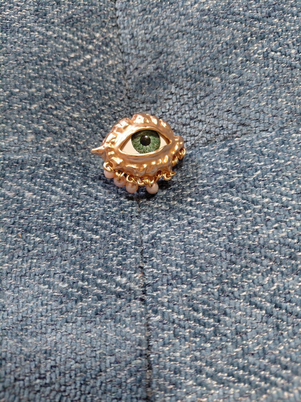 Gold Eye Ring with Green Glass Iris and Pearl Drops